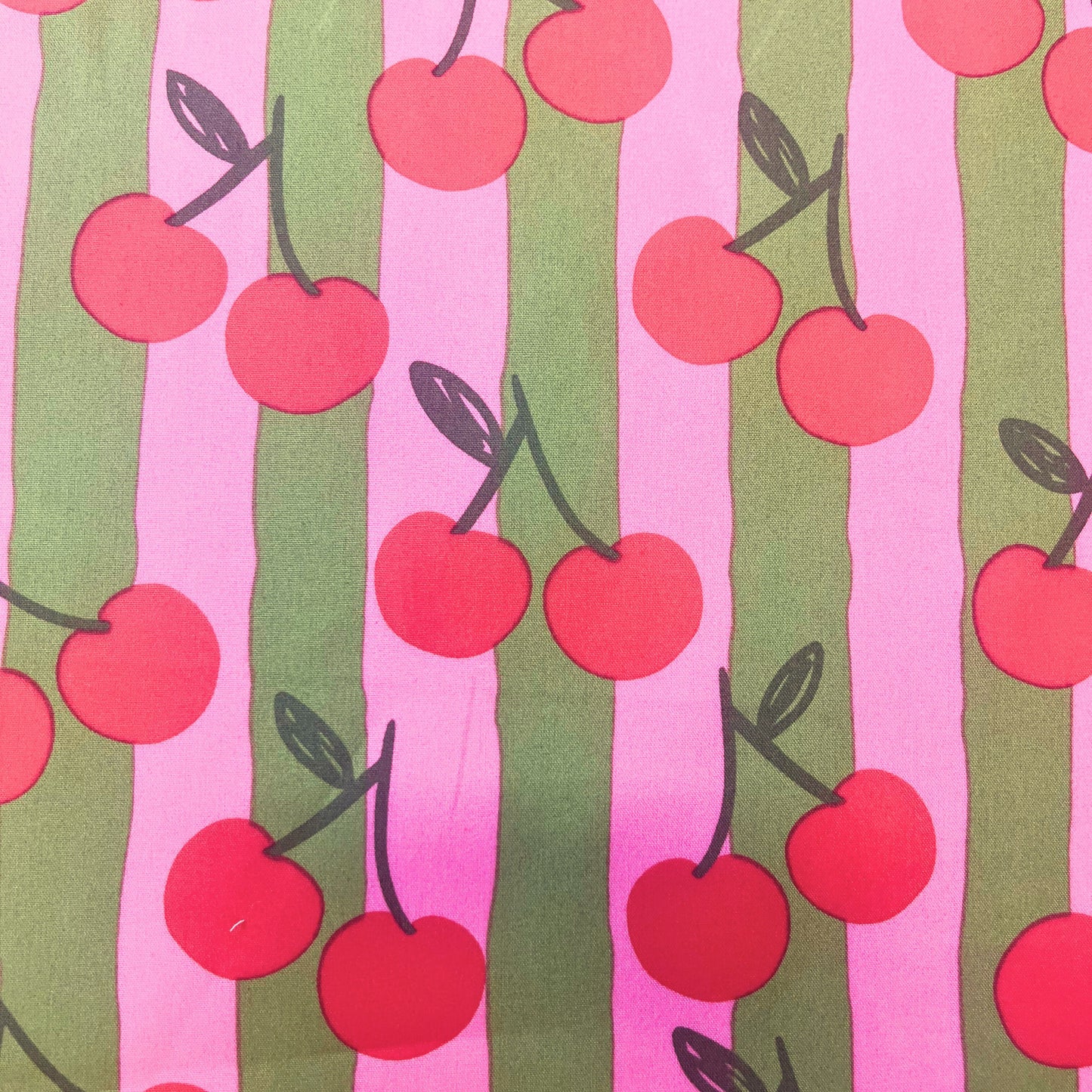 Cherry Stripe Cotton Poplin – Pink & Green | 100% Cotton Oeko-Tex