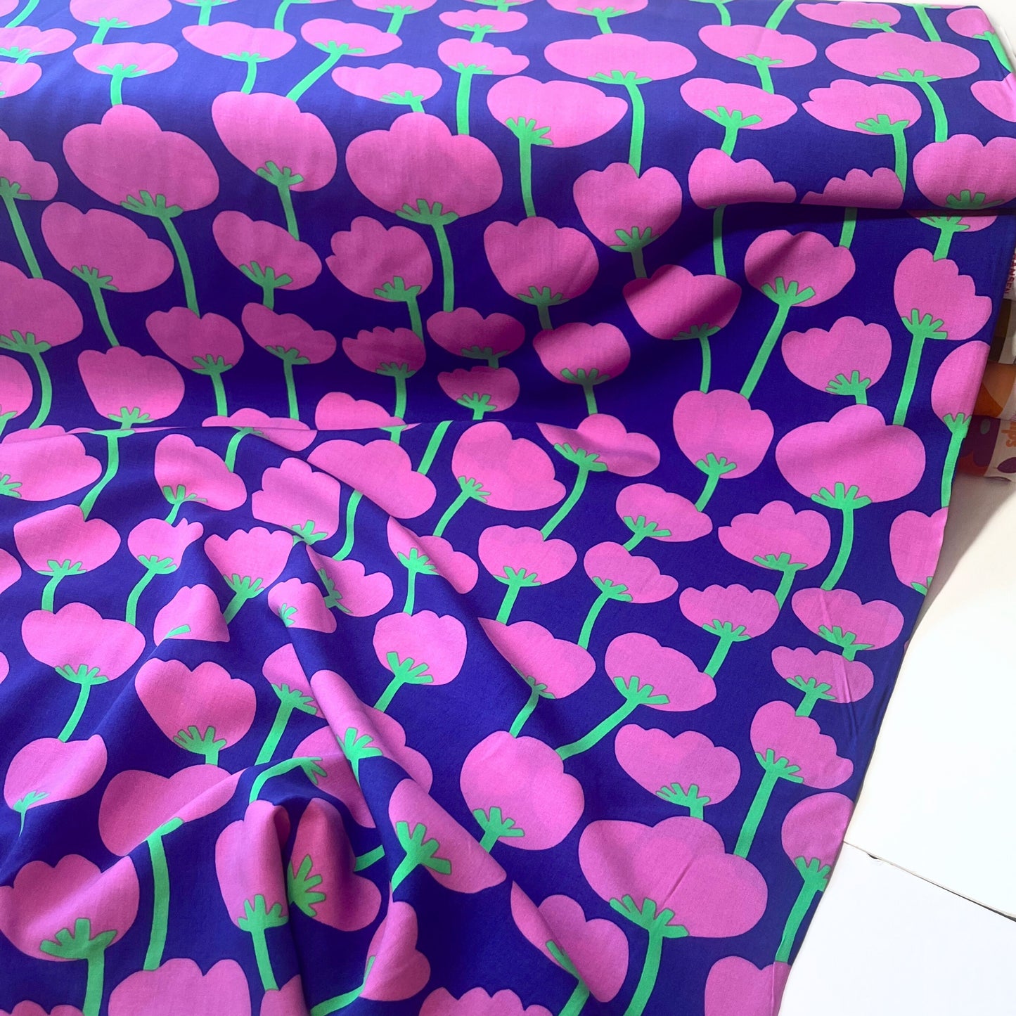 Lightweight LENZING™ ECOVERO™ fabric with modern blocky print, ideal for sewing flowy dresses, tops, and trousers.