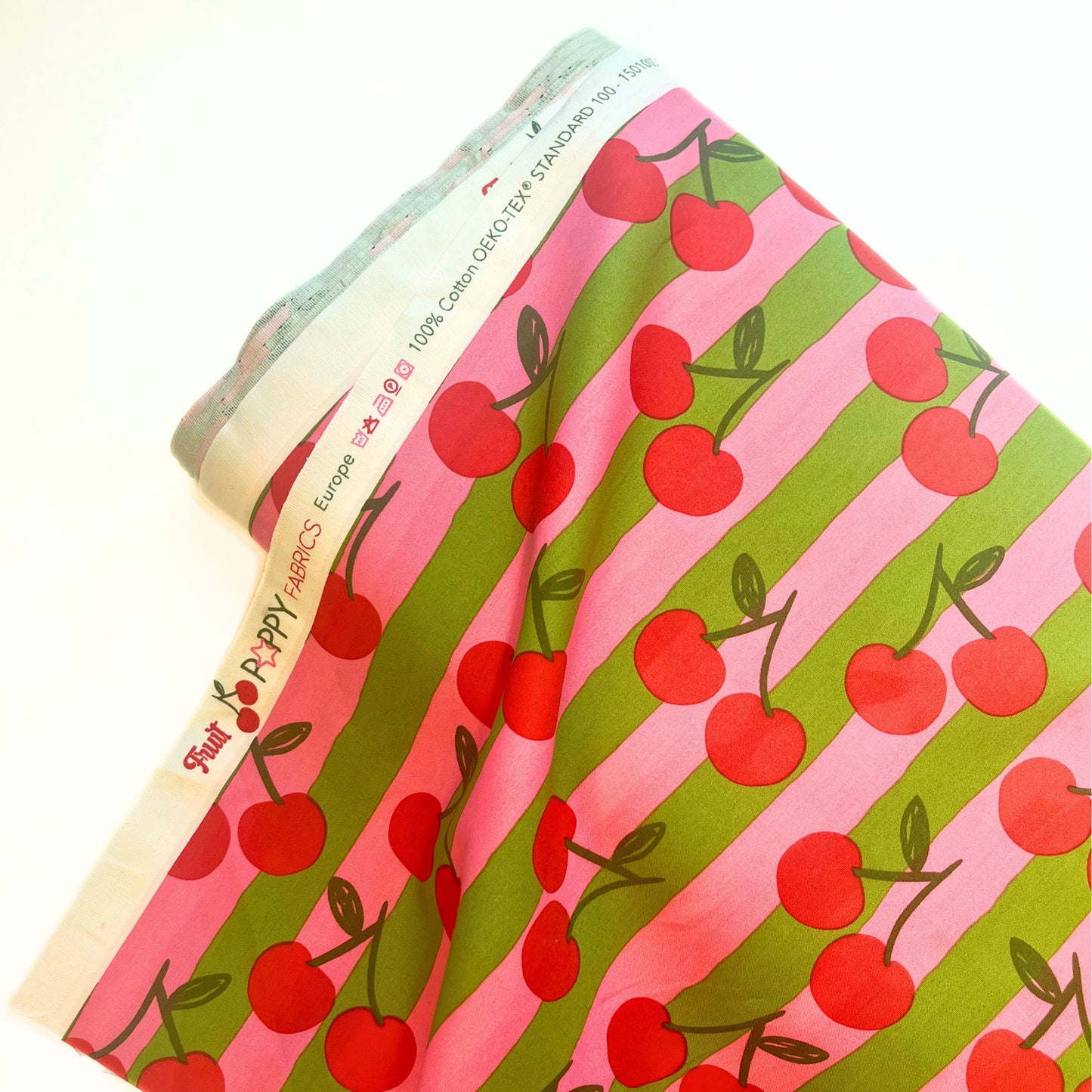 Cherry Stripe Cotton Poplin – Pink & Green | 100% Cotton Oeko-Tex