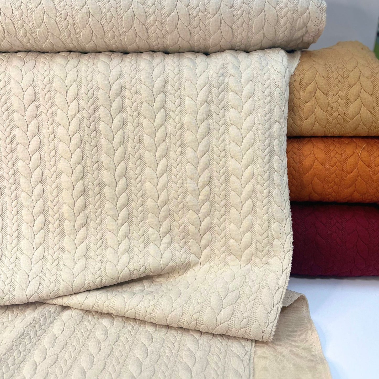 REMNANT - 50cm x 150cm - Cream Natural Textured Cable Knit Jacquard Sweat, sold in half meters