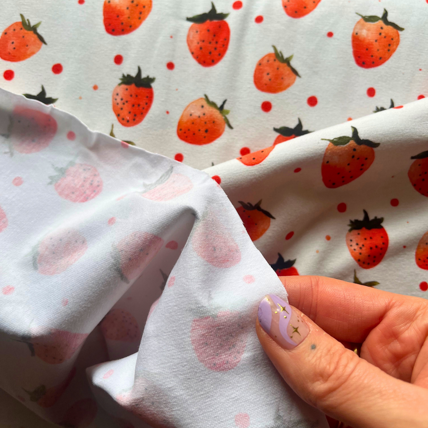 Strawberries Digital Print Stretch Jersey — Cream | Little Johnny