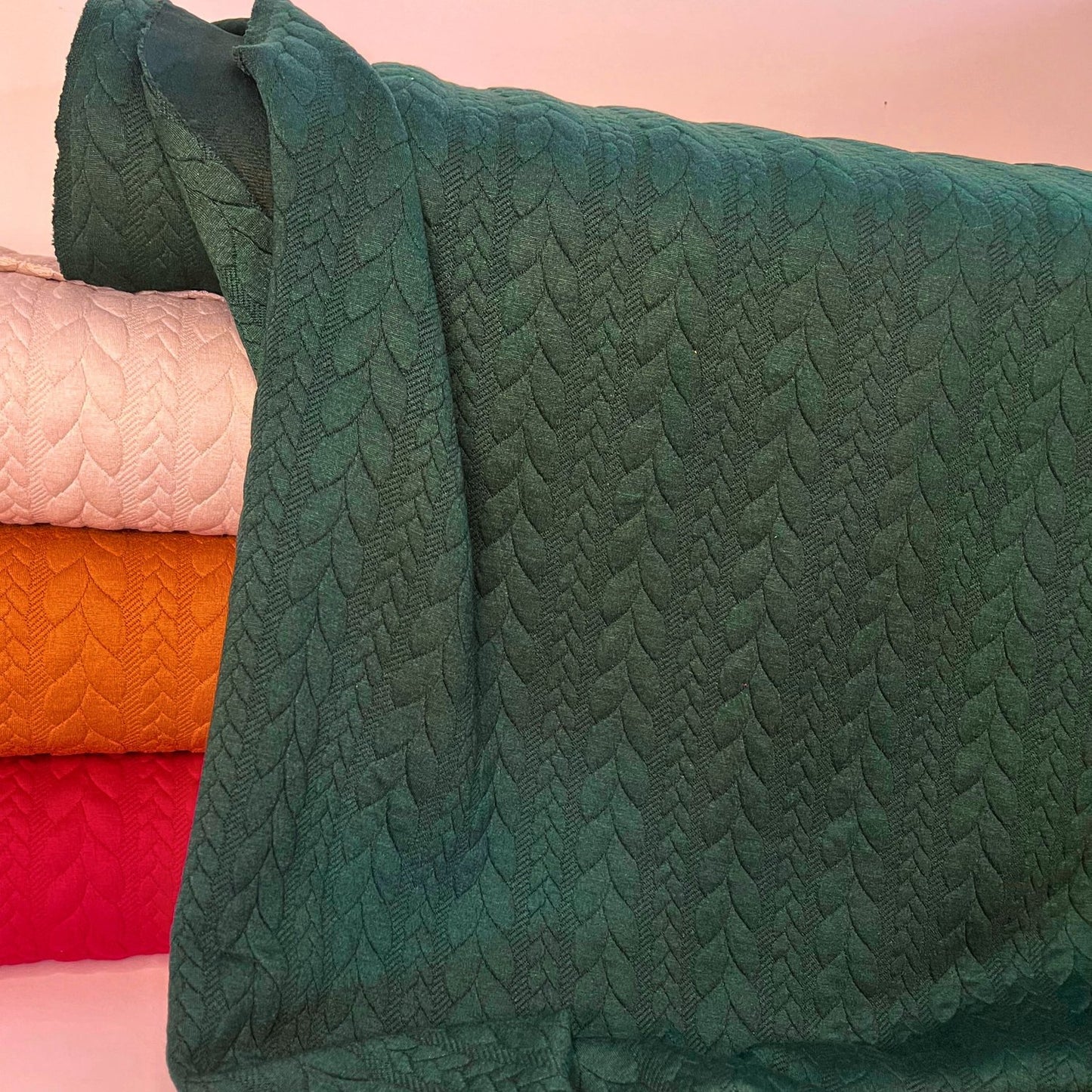 Bottle Green Textured Cable Knit Jacquard Sweat, sold in half meters