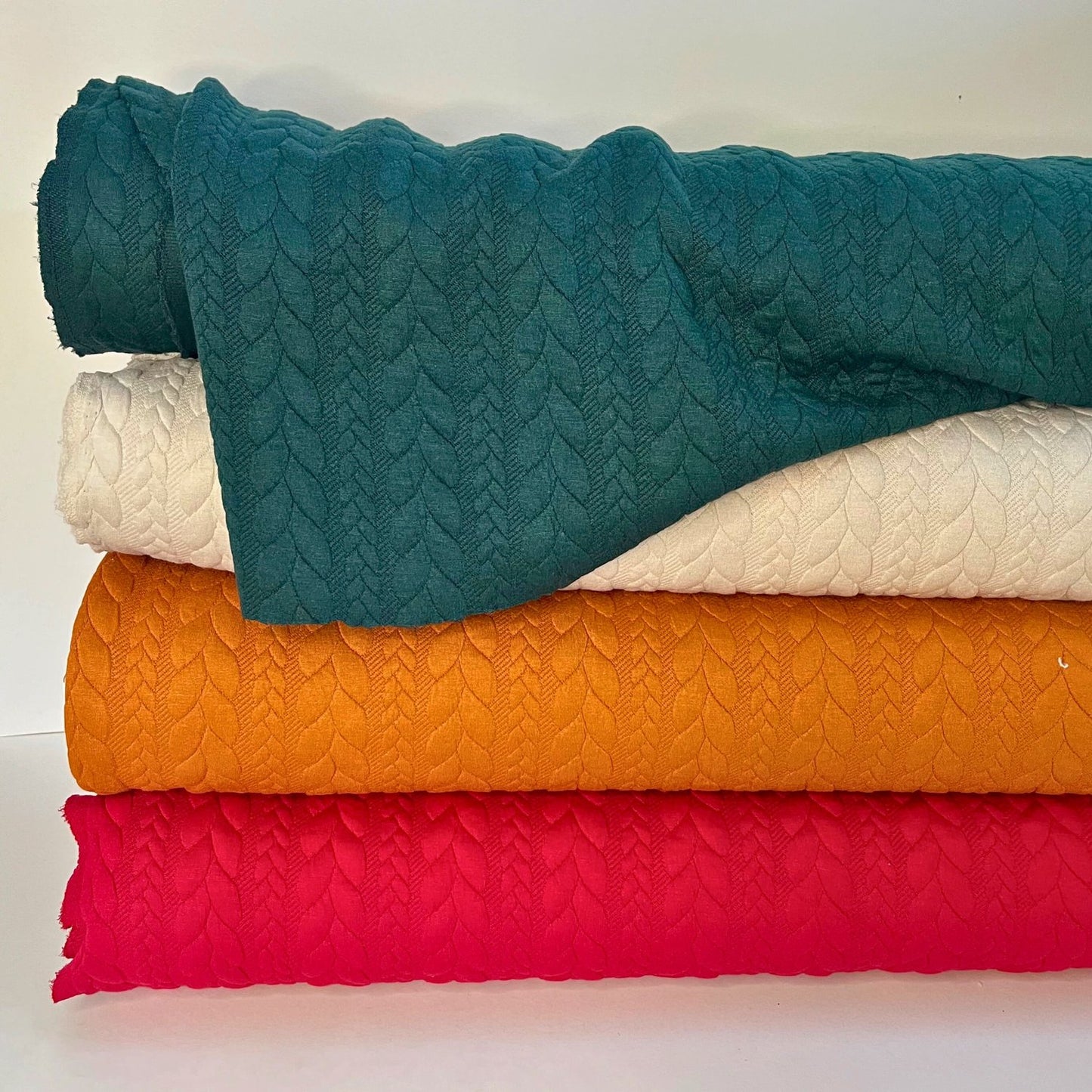 Bottle Green Textured Cable Knit Jacquard Sweat, sold in half meters