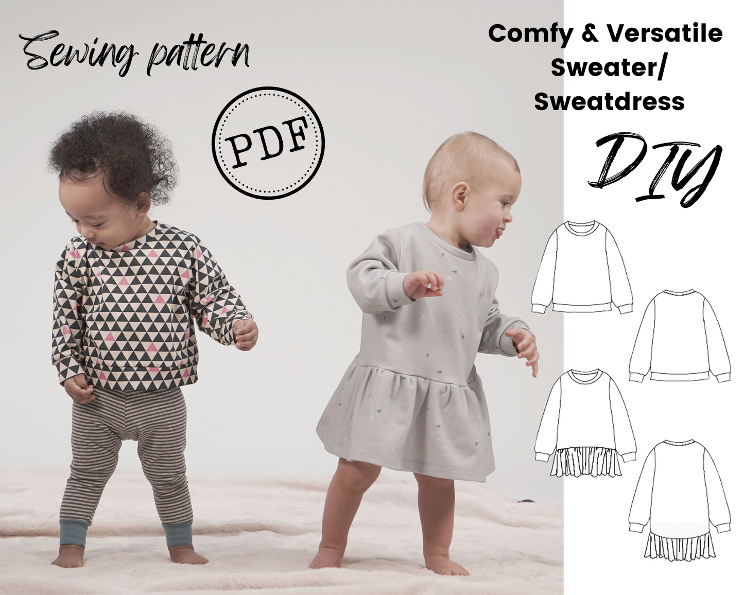Baby/Toddler Sweatshirt and Dress Sewing Pattern for 0-24 months, Paper and PDF Options