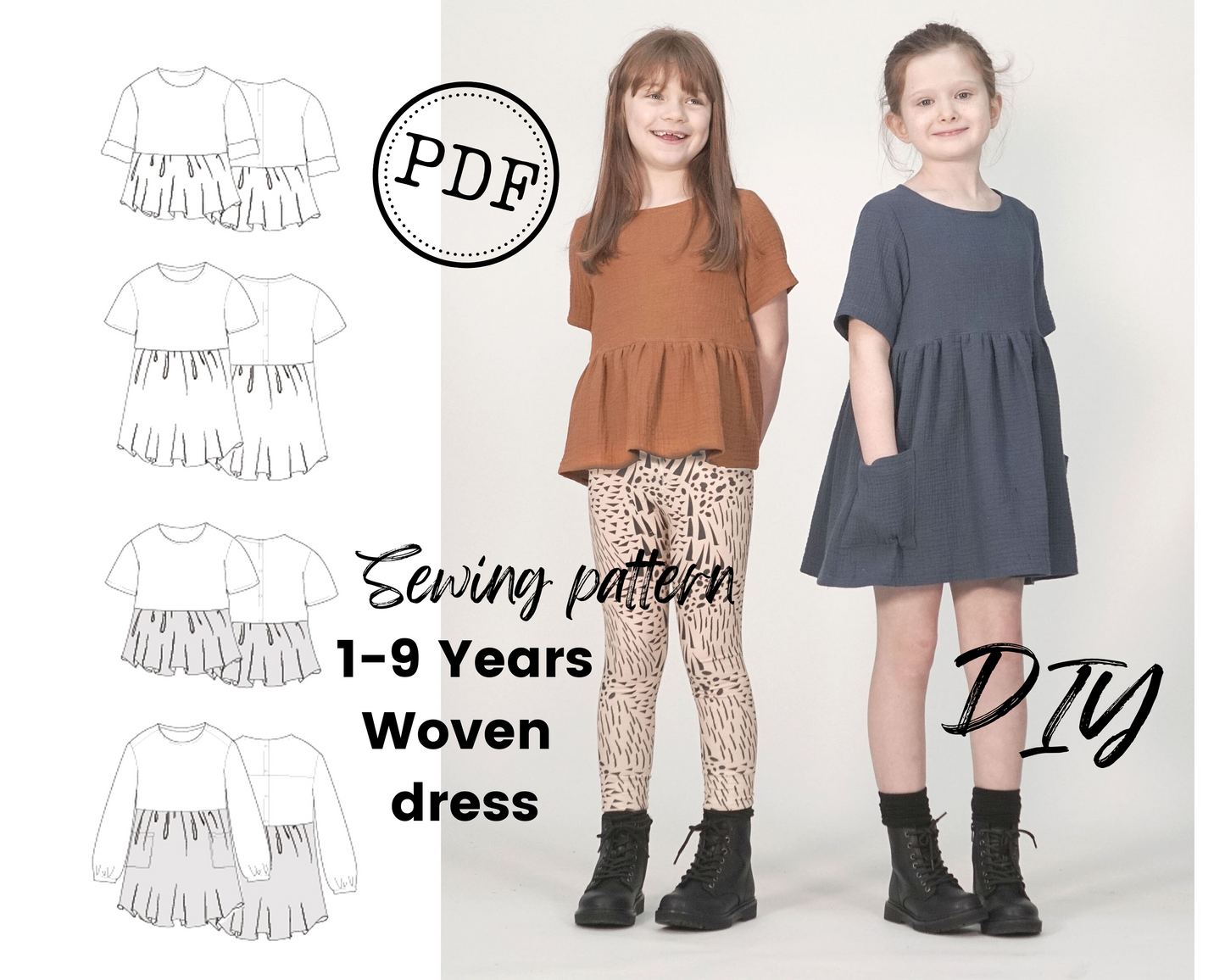 Kids Woven Tunic & Dress Sewing Pattern, Girls aged 1-11 years, Paper and PDF Options