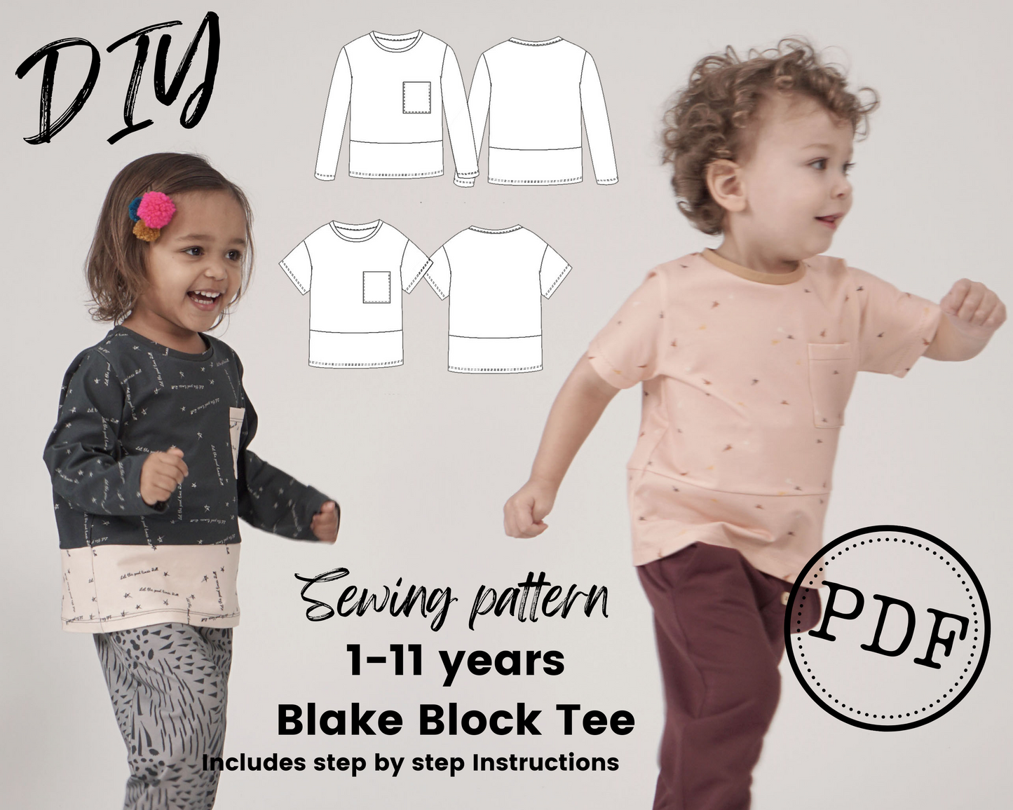 Kids Mix and Match Style Tee, T-Shirt Sewing Pattern, Paper and PDF Options