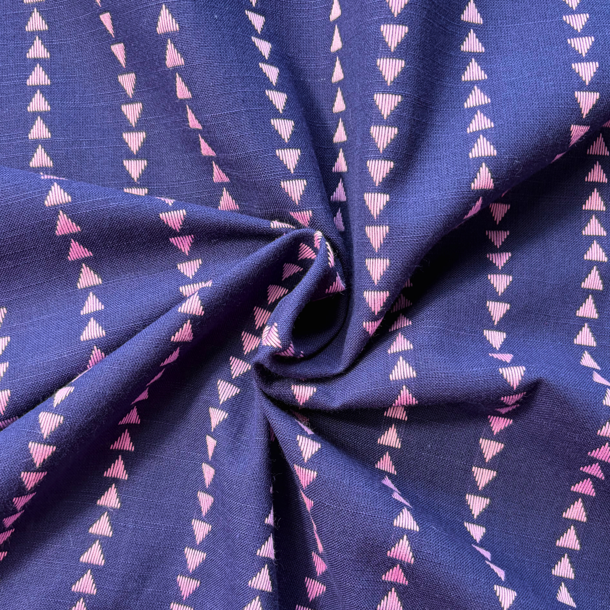 Indigo blue and lilac yarn dyed dobby triangle stripe woven cotton fabric — 135gsm 100% cotton reversible cut direction textured woven for slow fashion dressmaking blouses shirts and dresses