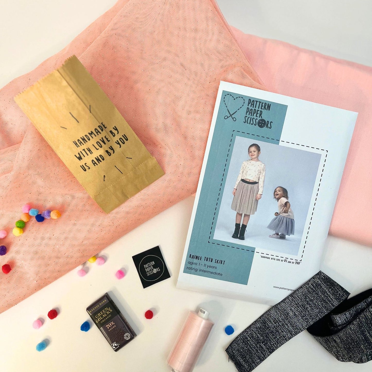 Pom-Pom Glitter Tulle Tutu Skirt Sewing kit. Kids 1-11 years.