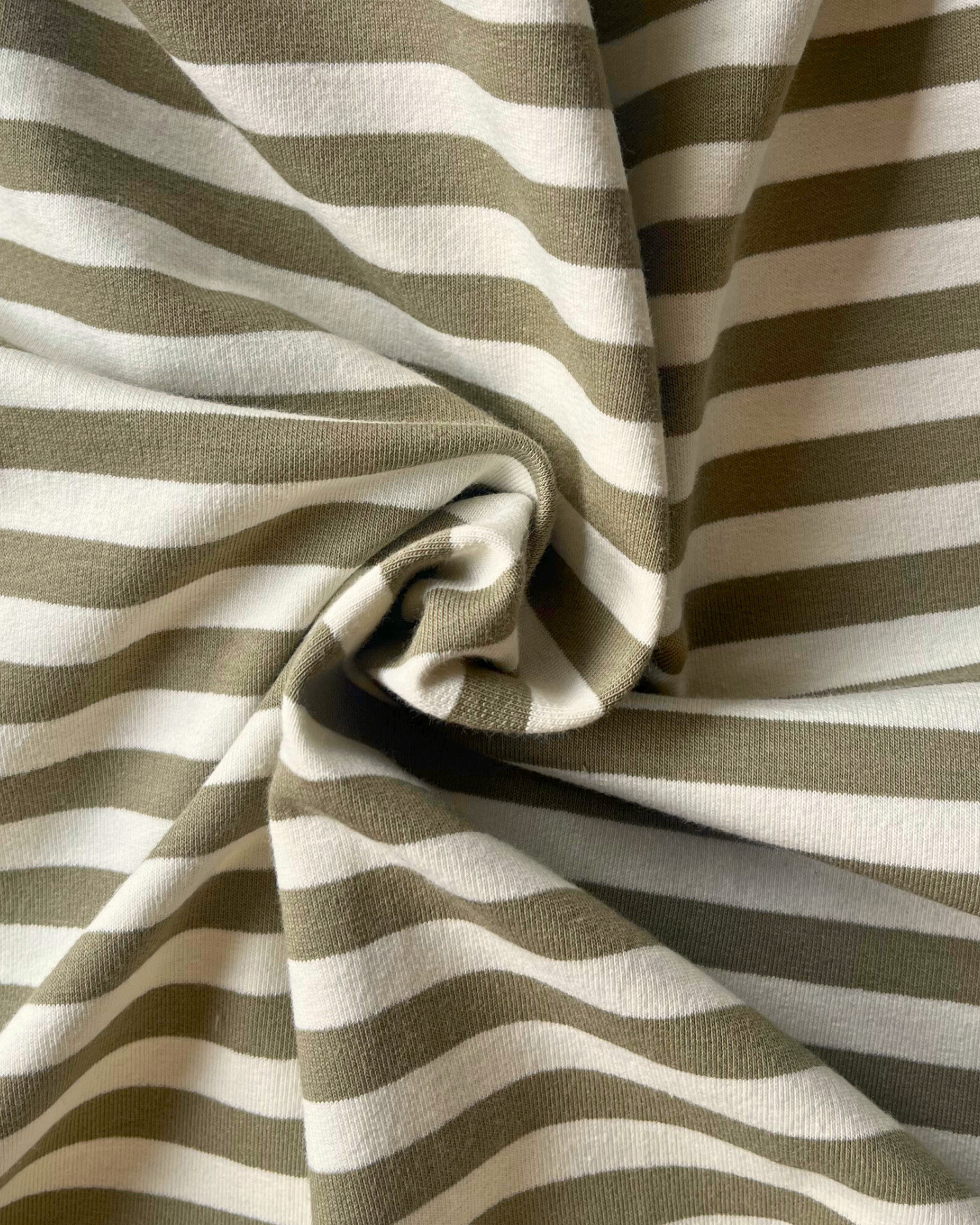 Yarn dyed stripe French terry fabric in moss green and warm white narrow equal stripes, 150cm wide — Oeko-Tex Class 1 certified cotton elastane sweatshirting for adults and children