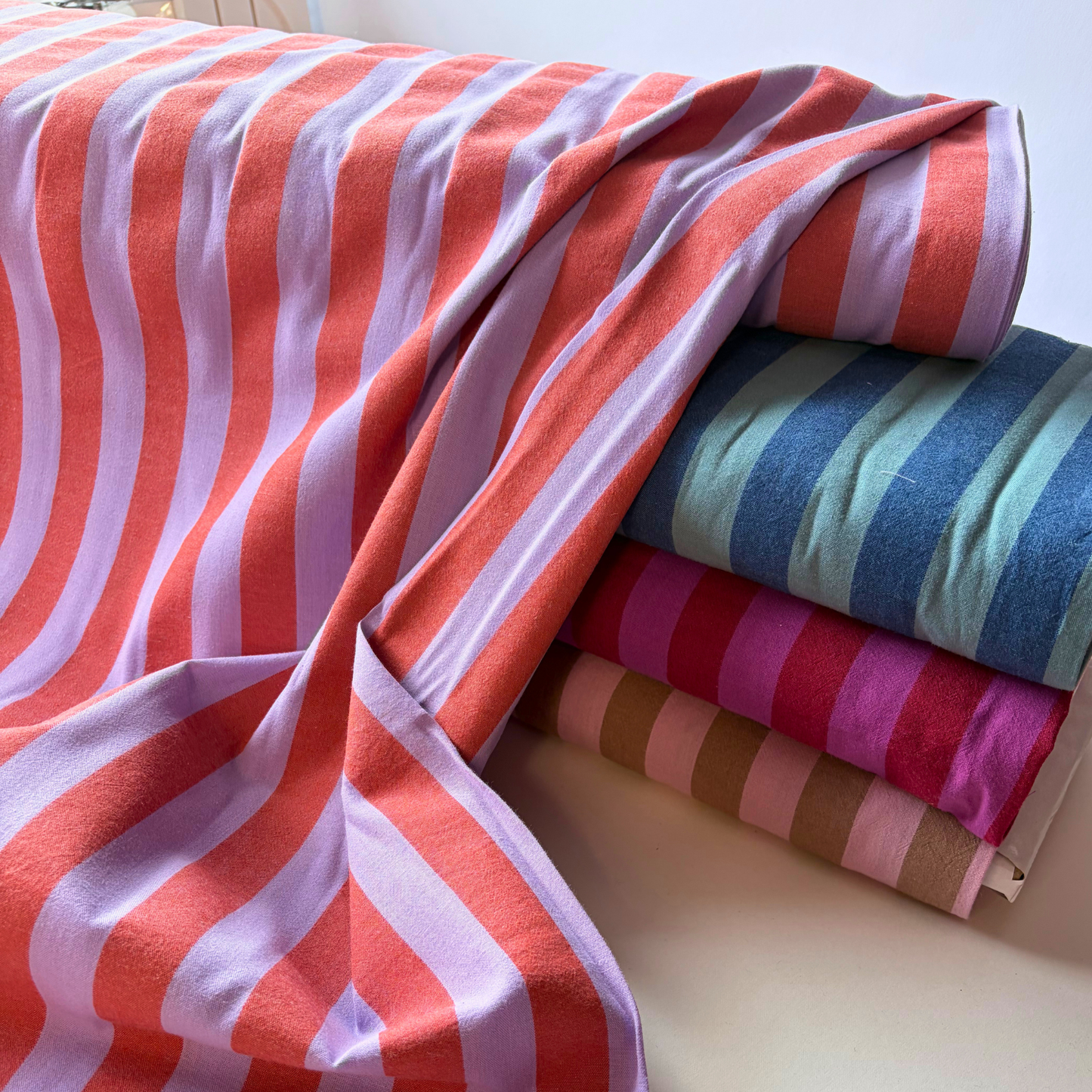 Cotton Yarn Dyed Stripe Fabric — Burnt Orange & Lavender | 2.2cm Vertical Stripe