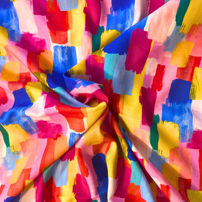 Little Johnny brushstroke brights viscose fabric white based fabric with large scale abstract brushstroke print in pink, orange, yellow, blue and green, 140cm wide — lightweight 110gsm 100% viscose rayon for handmade midi dresses, blouses and wide-leg trousers