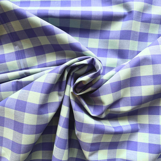 Cotton yarn dyed gingham check fabric in soft lavender and mint, 1.75cm check, 145cm wide — lightweight 115gsm 100% cotton woven fabric for handmade dresses, blouses and children's clothing