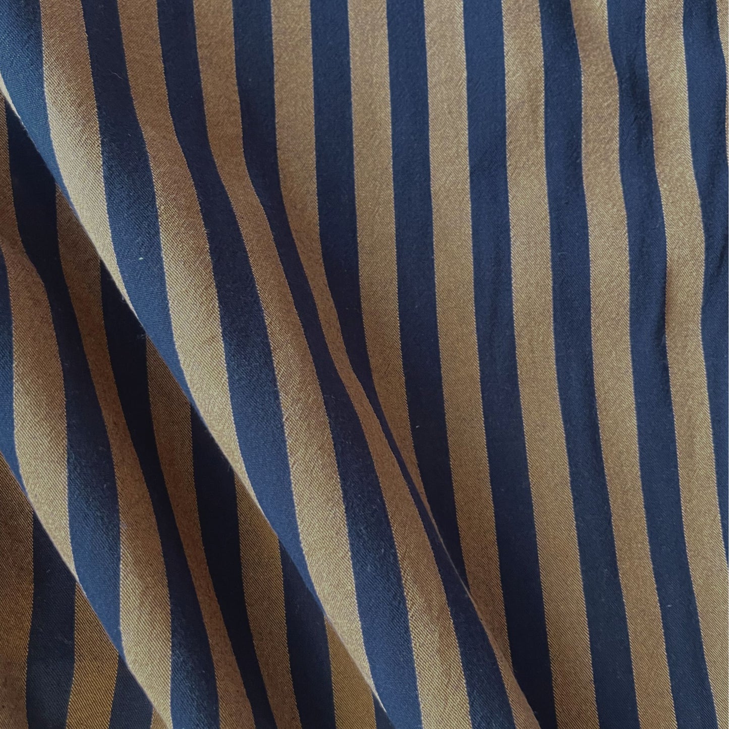 Cotton yarn dyed stripe fabric in rich navy and warm brown, 1.25cm stripe, 145cm wide — lightweight 115gsm 100% cotton woven fabric for handmade shirts, blouses and dressmaking