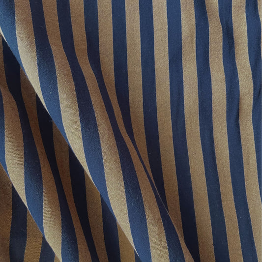 Cotton yarn dyed stripe fabric in rich navy and warm brown, 1.25cm stripe, 145cm wide — lightweight 115gsm 100% cotton woven fabric for handmade shirts, blouses and dressmaking