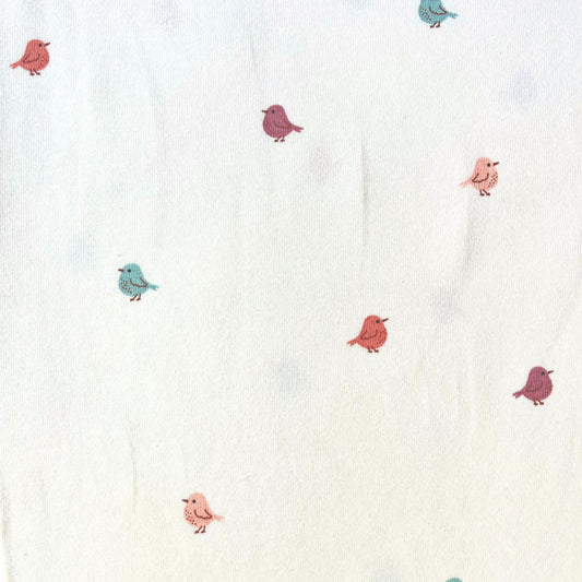 Miniature birds stretch jersey fabric in white with scattered small bird print in soft muted rose, putty and teal, 150cm wide — 200gsm 95% cotton 5% elastane knit for handmade baby and children's clothing