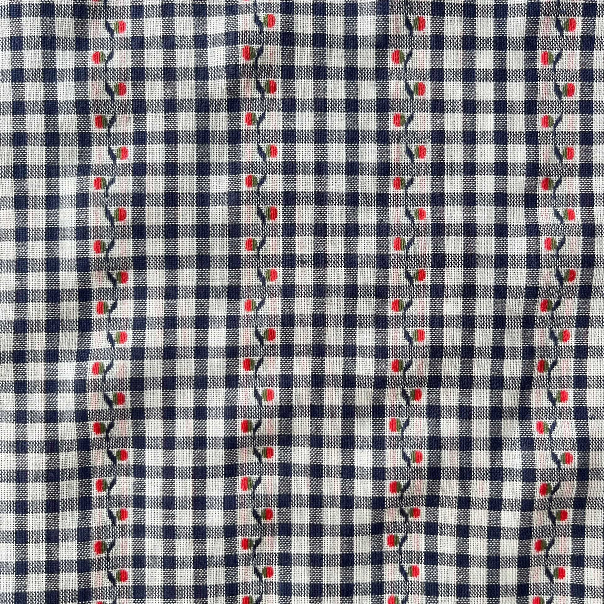 Cotton jacquard flowers fabric in navy, white and red, 3mm mini gingham base with woven floral jacquard pattern, 142cm wide — lightweight 90gsm 100% cotton woven for handmade dresses, blouses and children's clothing
