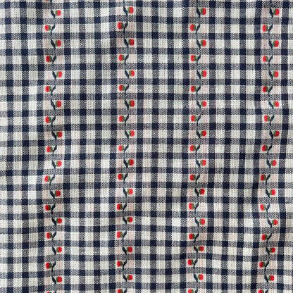 Cotton jacquard flowers fabric in navy, white and red, 3mm mini gingham base with woven floral jacquard pattern, 142cm wide — lightweight 90gsm 100% cotton woven for handmade dresses, blouses and children's clothing