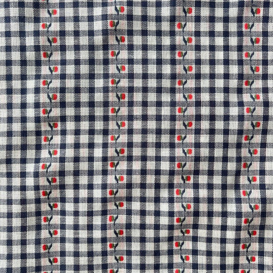 Cotton jacquard flowers fabric in navy, white and red, 3mm mini gingham base with woven floral jacquard pattern, 142cm wide — lightweight 90gsm 100% cotton woven for handmade dresses, blouses and children's clothing
