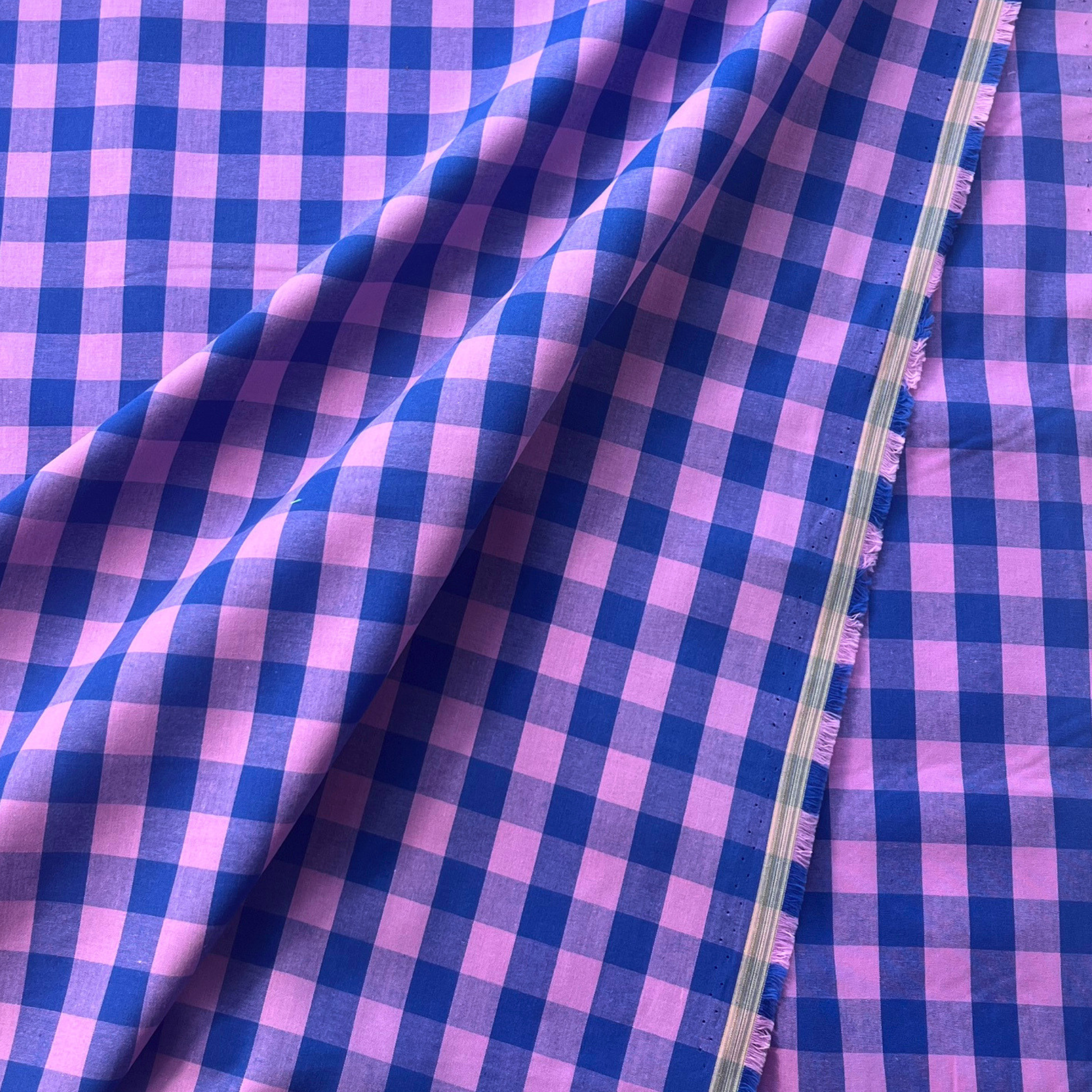 Blue and pink yarn dyed gingham check fabric, 1.75cm check, 145cm wide — lightweight 115gsm 100% cotton woven dressmaking fabric, Oeko-Tex Standard 100 certified for handmade dresses, blouses and children's clothing