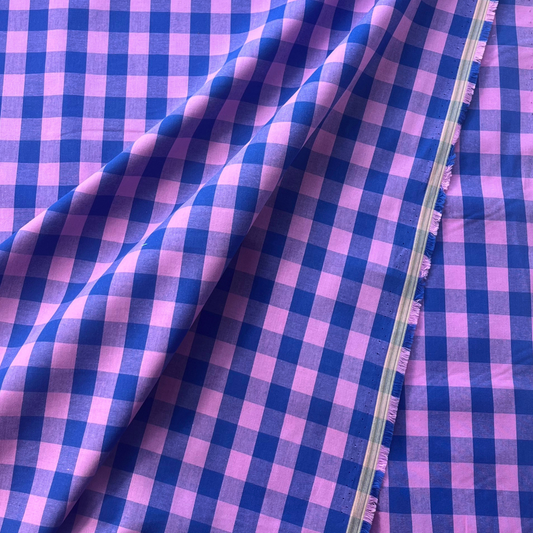Blue and pink yarn dyed gingham check fabric, 1.75cm check, 145cm wide — lightweight 115gsm 100% cotton woven dressmaking fabric, Oeko-Tex Standard 100 certified for handmade dresses, blouses and children's clothing