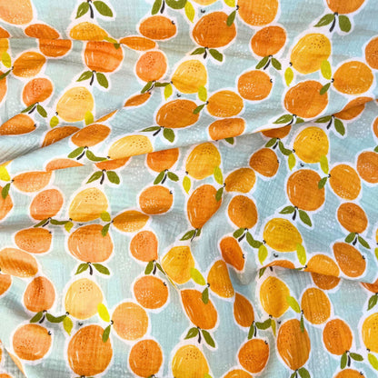 Printed Fruity Oranges Double Gauze Fabric, 100% Cotton Muslin
