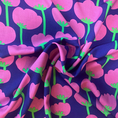 Bold and modern Trail Run print in blue, green, and purple tones – Oeko-Tex certified and 138cm wide for versatile dressmaking.