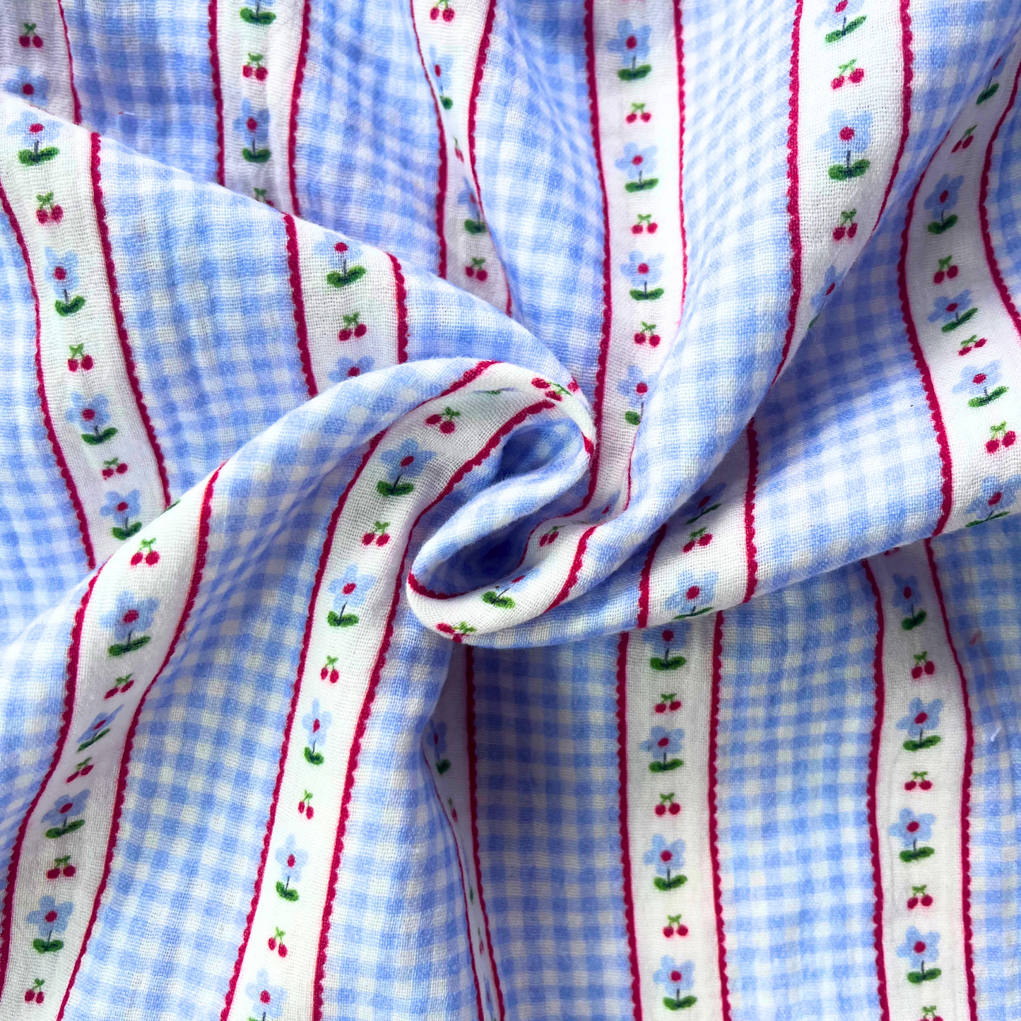 Double gauze digital check fabric in light blue and white gingham with vertical ditsy stripe detail, 132cm wide — featherlight 125gsm 100% cotton woven from Poppy Fabrics, Oeko-Tex certified for handmade baby, children's and adult clothing