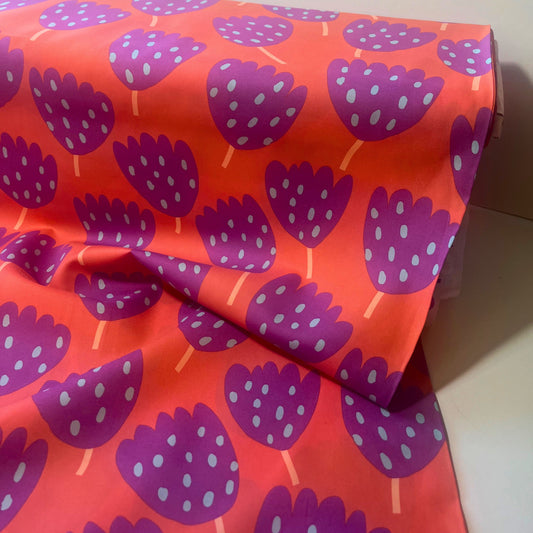 Nerida Hansen Tulip Cotton Poplin in coral and purple floral print, perfect for bold handmade garments.