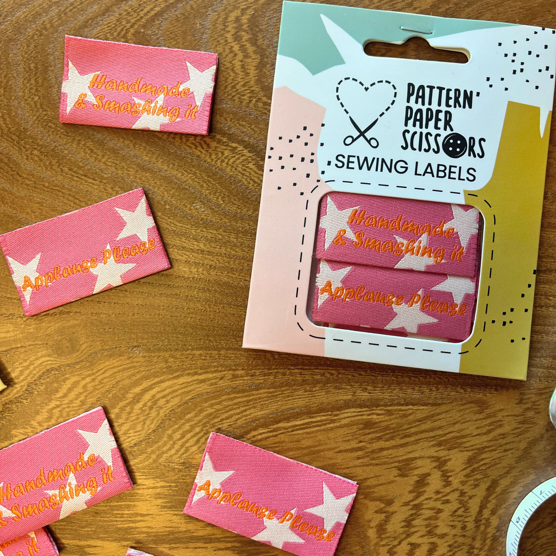 Handmade and Smashing It woven sewing label in pink with white stars and orange lettering — pack of 6 folded sew-in labels made from recycled polyester threads, made in the UK