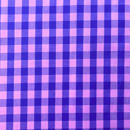 Close-up of blue and pink yarn dyed gingham check cotton fabric showing crisp 1.75cm check definition and soft woven texture — Oeko-Tex certified 115gsm woven ideal for slow fashion dressmaking and children's sewing