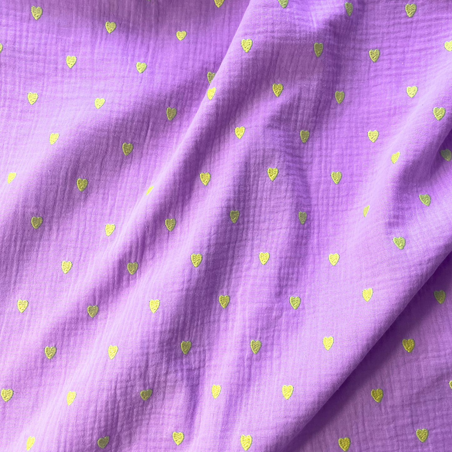 Double Gauze Embroidery Neon Hearts — Lilac | Yellow Embroidered Hearts
