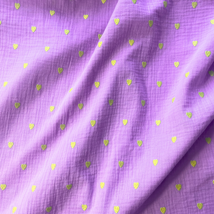 Double Gauze Embroidery Neon Hearts — Lilac | Yellow Embroidered Hearts