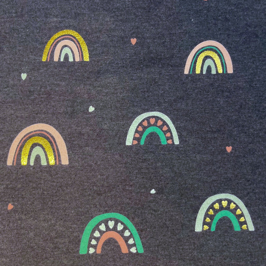 Rainbow Childrens Stretch Jersey, Shimmer Foil detail, Dark Blue Base, Stretch Fabric.