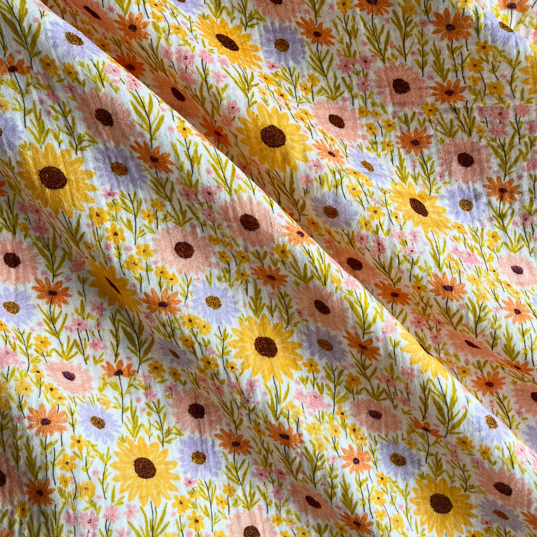Digital flowers double gauze fabric in sunshine yellow with sunflower meadow print, 132cm wide — lightweight 100% cotton woven fabric for handmade summer dresses and children's clothing