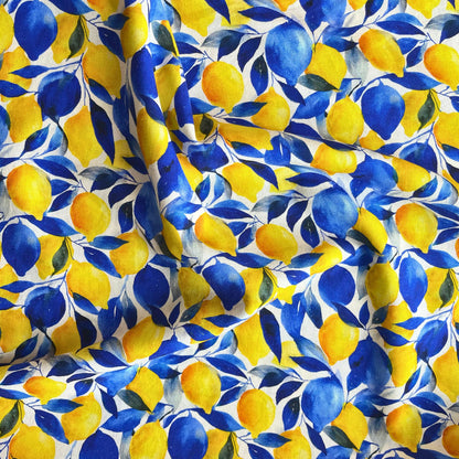 Bold lemon print linen mix in white, yellow and green — 55% linen 45% viscose woven fabric with natural texture and effortless drape for slow fashion dressmaking and handmade summer garments
