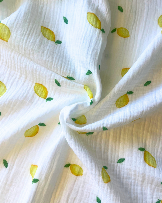 Printed Fruity Lemons on White Double Gauze Fabric, 100% Cotton Muslin