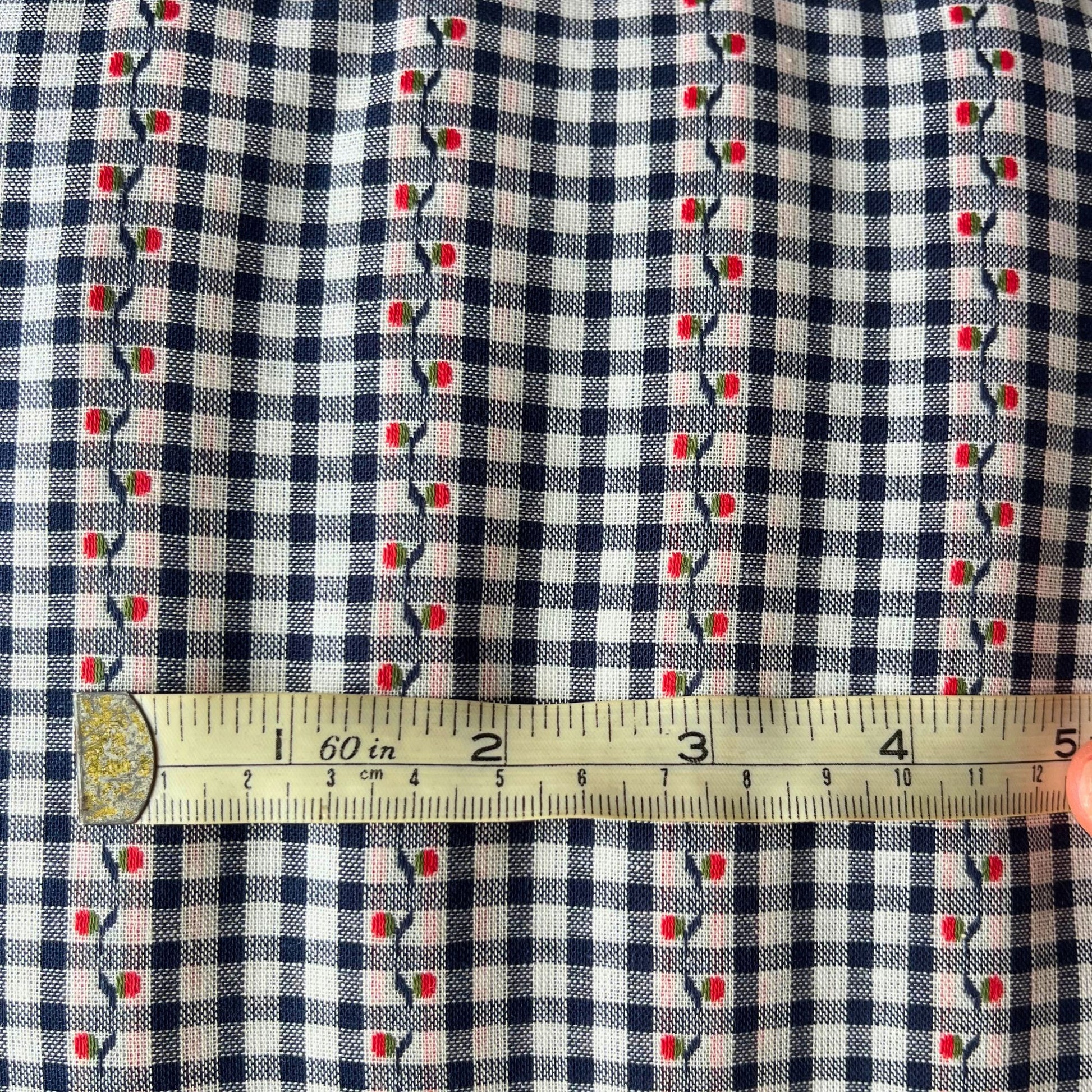 Navy and white 3mm mini gingham cotton with jacquard floral weave and red accent — Oeko-Tex Standard 100 certified 100% cotton woven fabric for slow fashion dressmaking and handmade children's clothing