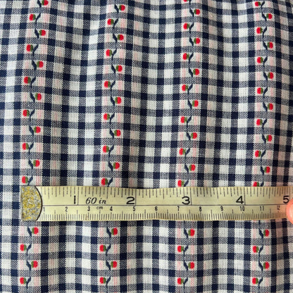 Navy and white 3mm mini gingham cotton with jacquard floral weave and red accent — Oeko-Tex Standard 100 certified 100% cotton woven fabric for slow fashion dressmaking and handmade children's clothing