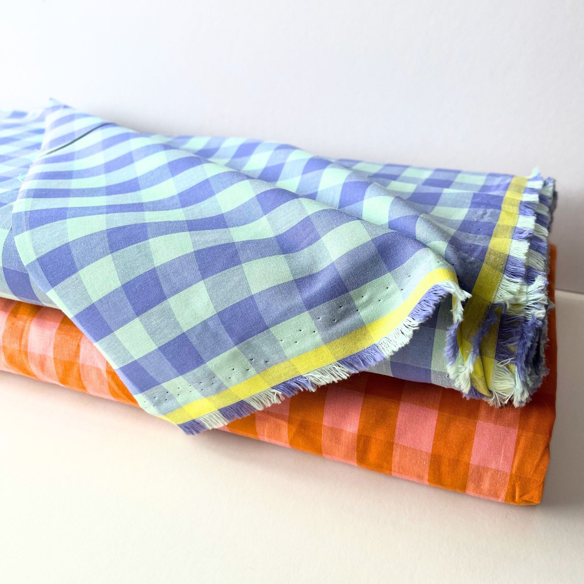 Yarn dyed cotton gingham in soft lavender and fresh mint 1.75cm check — Oeko-Tex Standard 100 certified 100% cotton woven fabric for slow fashion dressmaking and handmade children's garments