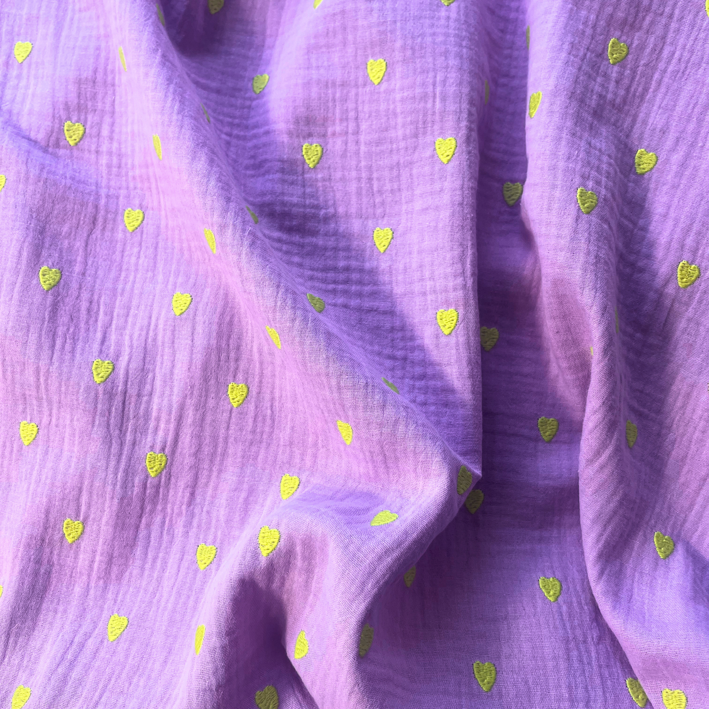 Double Gauze Embroidery Neon Hearts — Lilac | Yellow Embroidered Hearts
