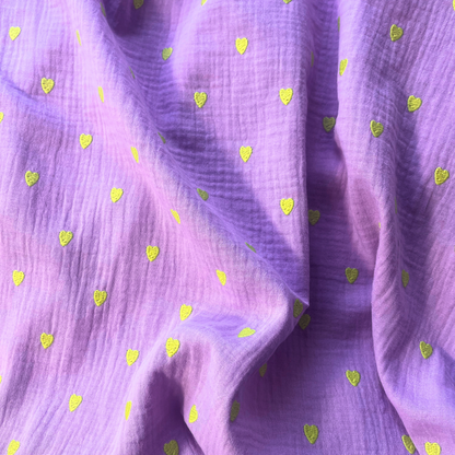 Double Gauze Embroidery Neon Hearts — Lilac | Yellow Embroidered Hearts