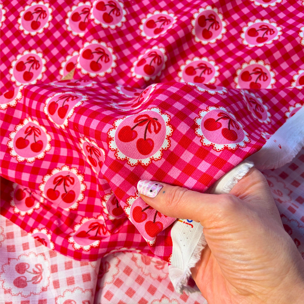 Cherry Gingham Needlecord: Red & Pink | Cotton Corduroy