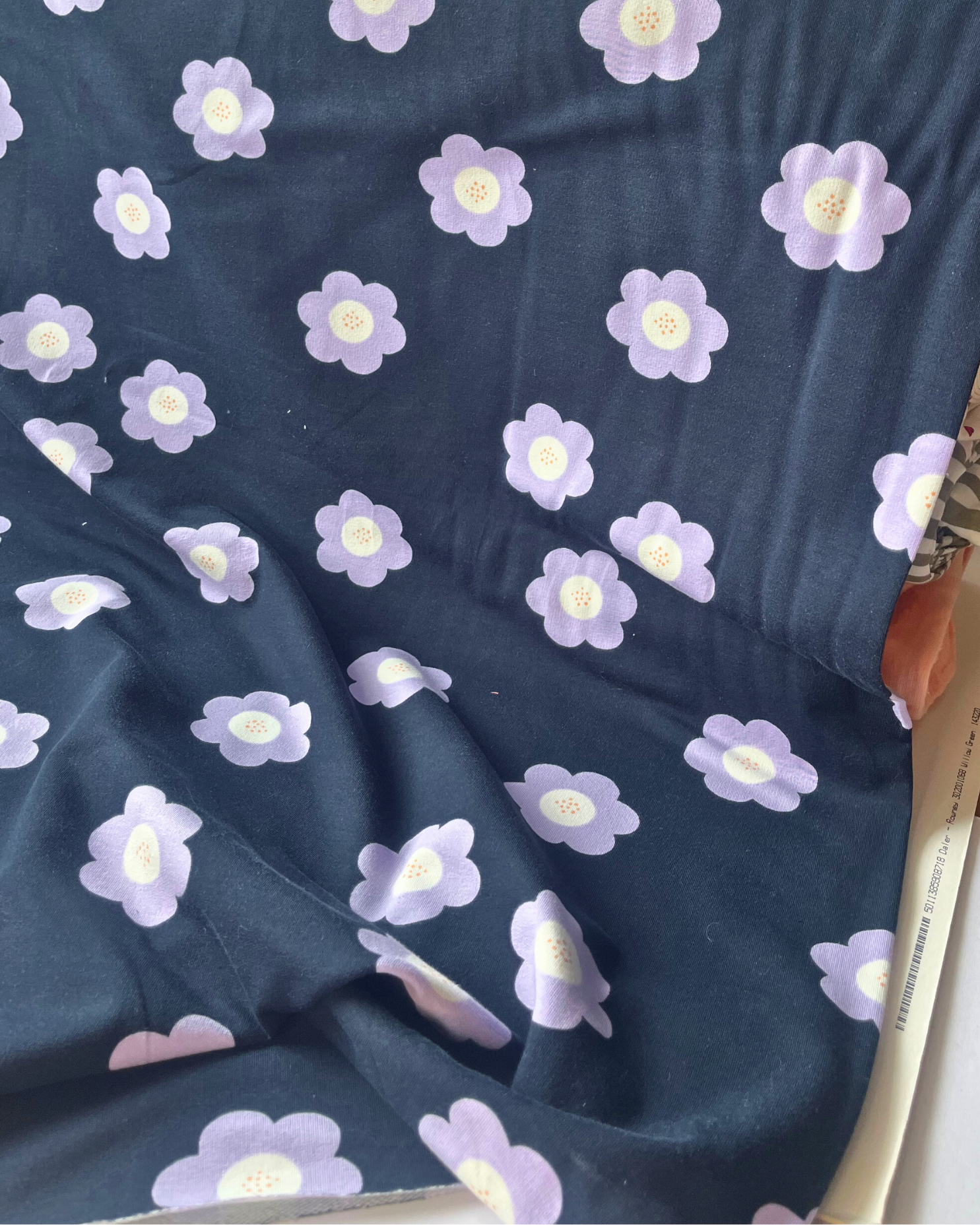 Navy and lilac retro floral French terry sweatshirting fabric, 225gsm cotton blend — easy to sew stretch fabric for handmade loungewear and children's clothing