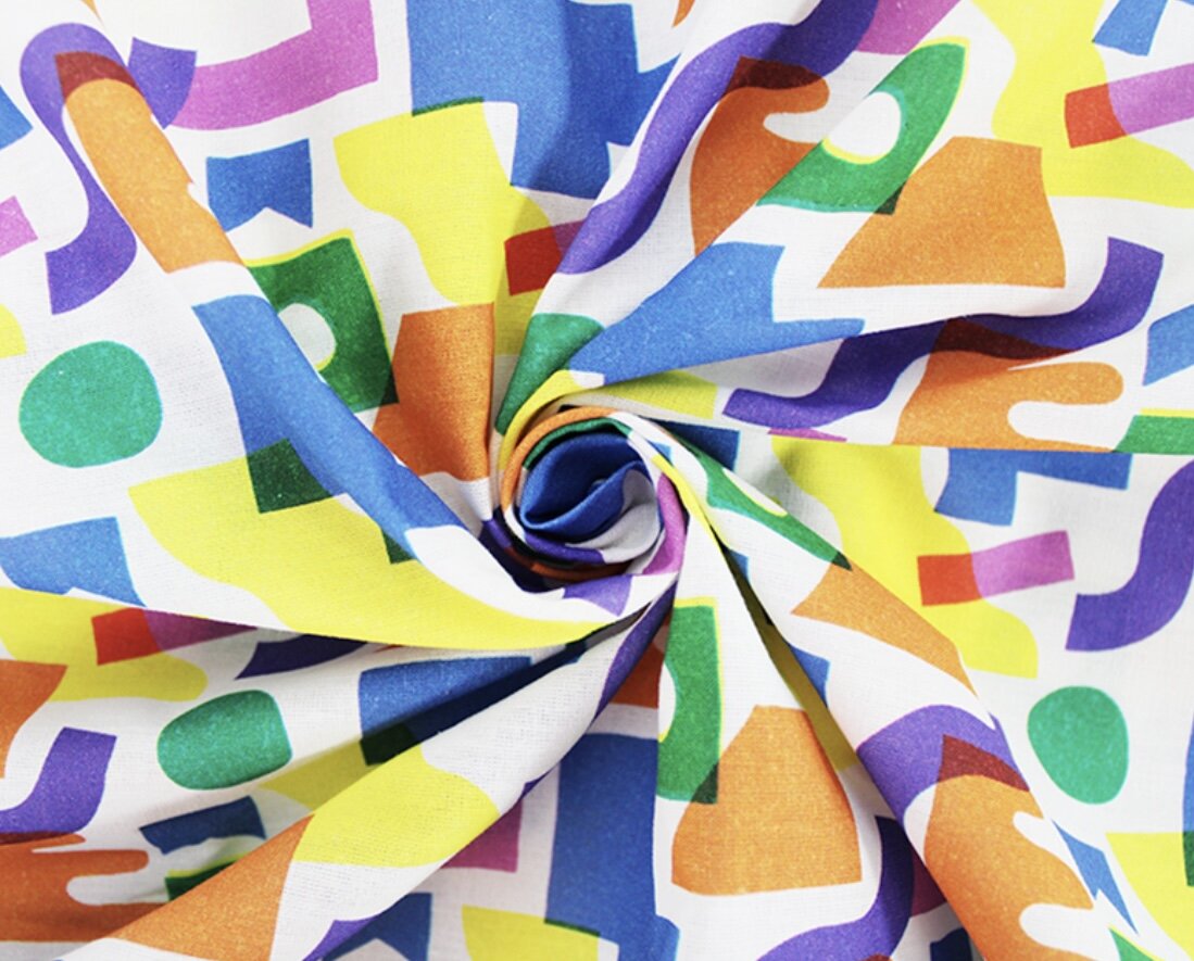 Little Johnny Geometric Shapes Block cotton print. 150cm wide, sold in 1/2 meters