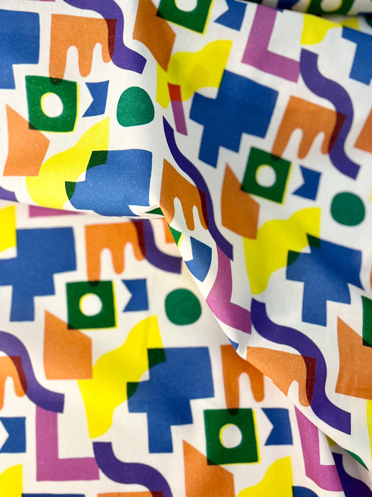 Little Johnny Geometric Shapes Block cotton print. 150cm wide, sold in 1/2 meters