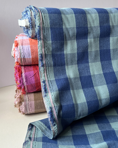 Blue and teal yarn dyed gingham check cotton, 145cm wide — Oeko-Tex certified contemporary check fabric for women's dressmaking, slow fashion sewing and handmade summer wardrobe