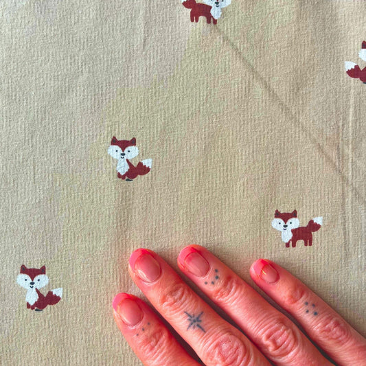 Cute woodland fox patterned jersey ideal for slow fashion children's clothing.