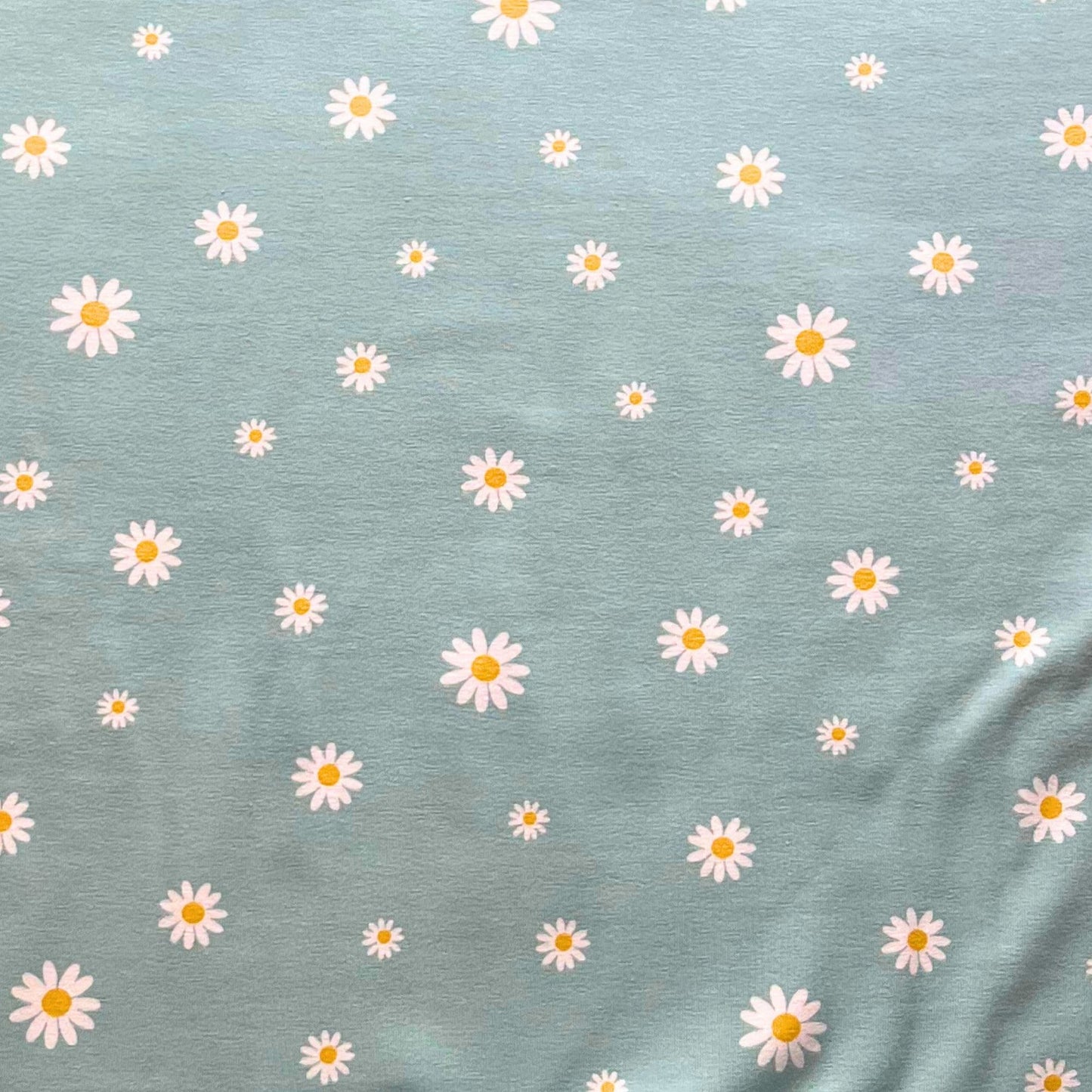 Pattern of white daisies with yellow centers on a blue fabric background