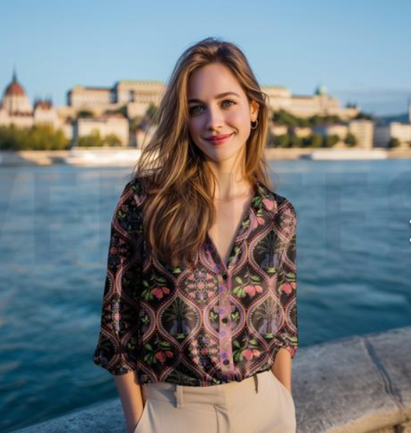 A woman is wearing a dark patterned button-up blouse with pink and green floral motifs handmade with viscose dressmaking fabric