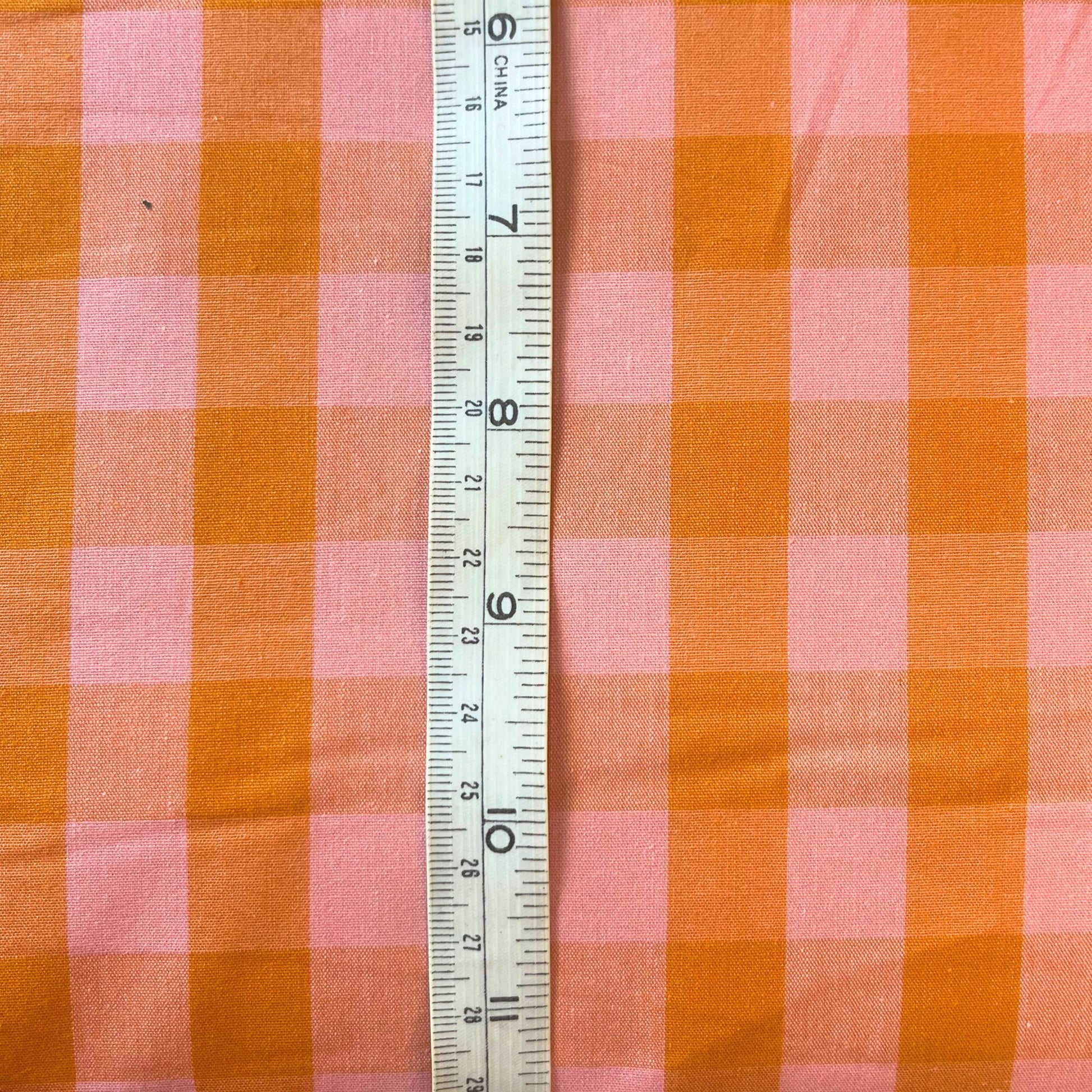 Yarn dyed cotton gingham in warm orange and soft salmon 1.75cm check — Oeko-Tex Standard 100 certified 100% cotton woven fabric for slow fashion dressmaking and handmade children's garments